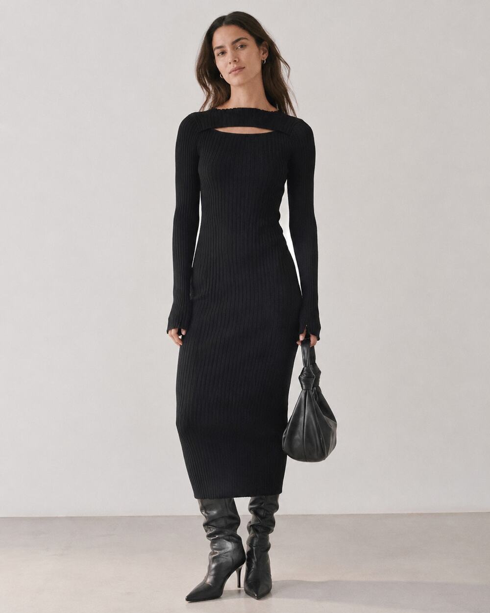 Anine Bing Lora Dress Womens S Black Rib Cutout Long Sleeve Bodycon Midi